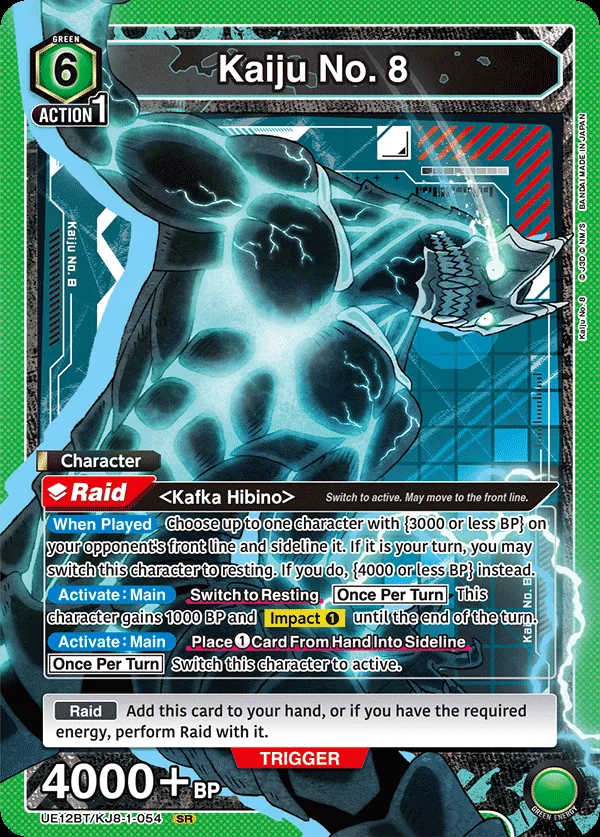 Kaiju No. 8, UE12BT/KJ8-1-054, Kafka Hibino's 6-cost Green Raid-transformed character that sidelines an opposing character and offers a resting cost for a wider removal window
