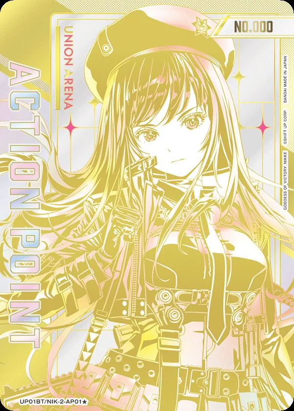 Official UP01BT Action Point sample card with gold foil treatment and a visible NO.000 serial field