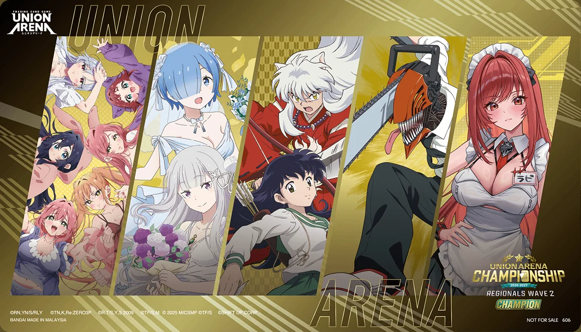 Union Arena Championship 2026-2027 Regionals Wave 2 Champion playmat with five character panels on a gold background