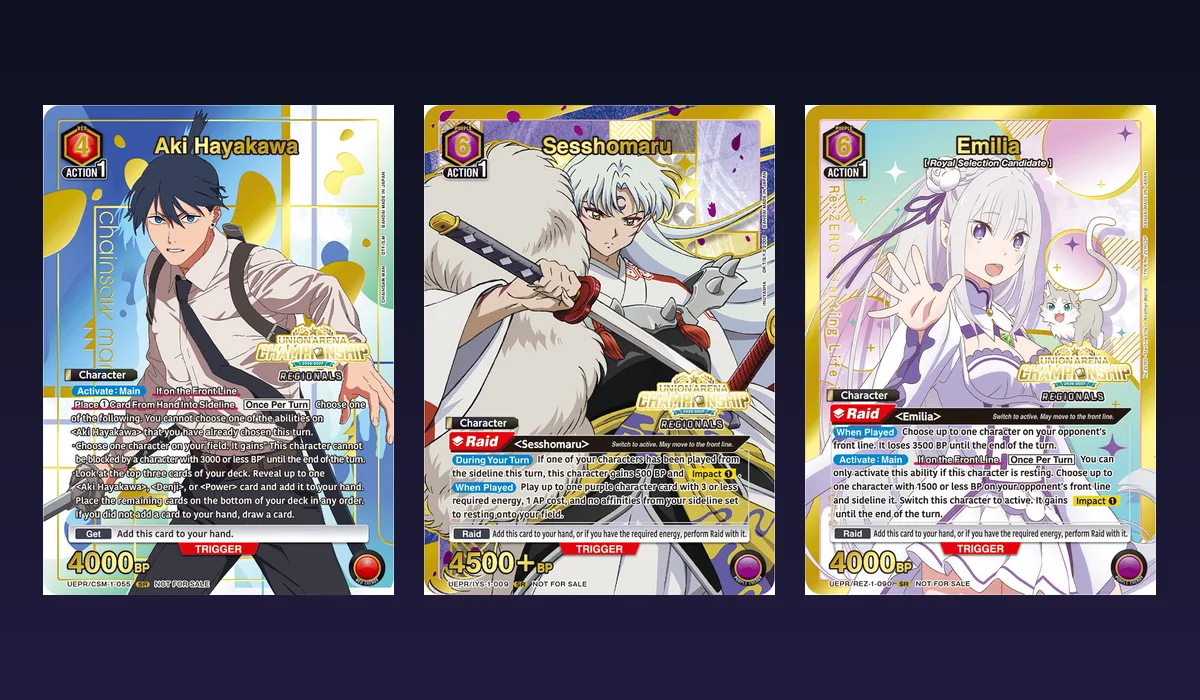 Aki Hayakawa, Sesshomaru and Emilia Regional promo cards from the Union Arena Championship 26-27 Wave 2 prize list, side by side