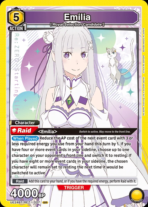 Emilia, UE24BT/REZ-1-027, a 5-cost Yellow Raid Character whose When Played ability scales with event cards in the sideline