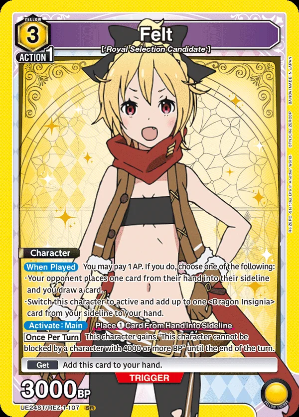 Felt, UE24ST/REZ-1-107, a 3-cost Yellow Character with a card-for-card-advantage When Played ability and a once-per-turn evasion trigger