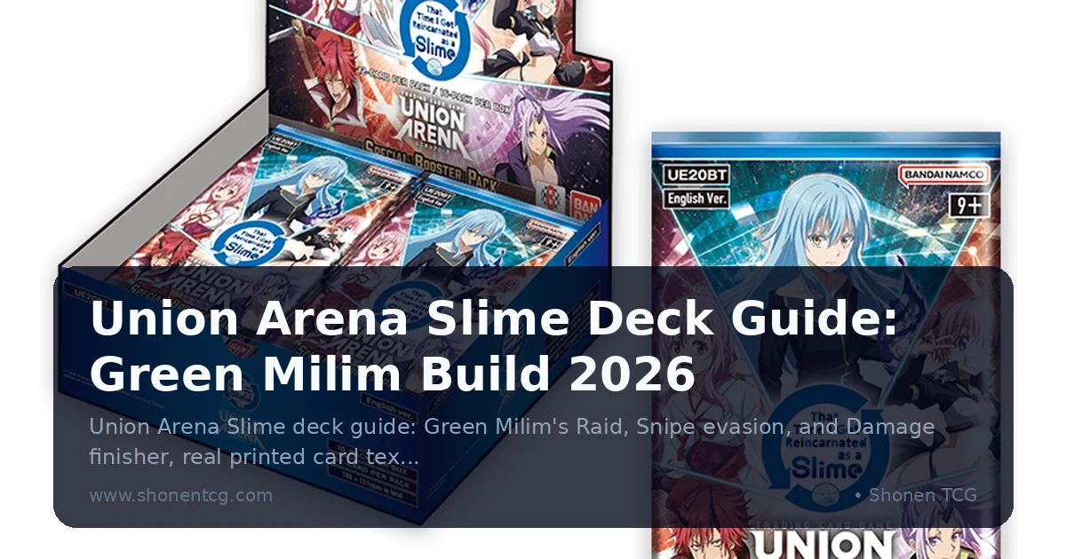 Official Union Arena That Time I Got Reincarnated as a Slime UE20BT booster box and pack art featuring Rimuru, Benimaru, Milim, and Shion