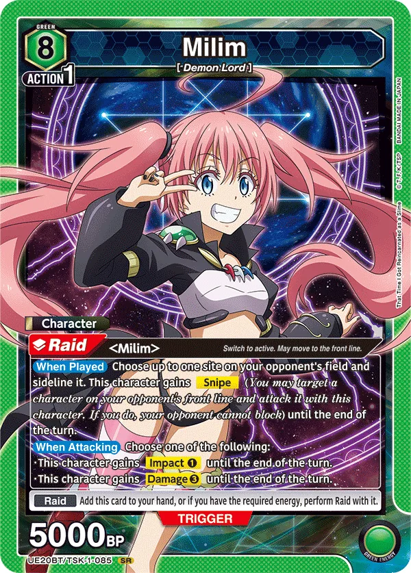 Milim, UE20BT/TSK-1-085, an 8-cost Green Raid Character whose When Played ability sidelines a site and grants Snipe for the turn