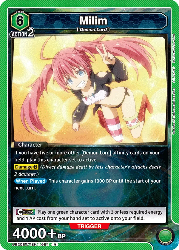 Milim, UE20BT/TSK-1-084, a 6-cost Green Character that can enter play set to active once you control five or more other Demon Lord affinity cards