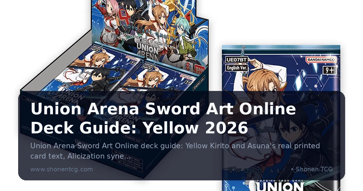 Official Union Arena Sword Art Online UE07BT booster box and pack art featuring Kirito and Asuna