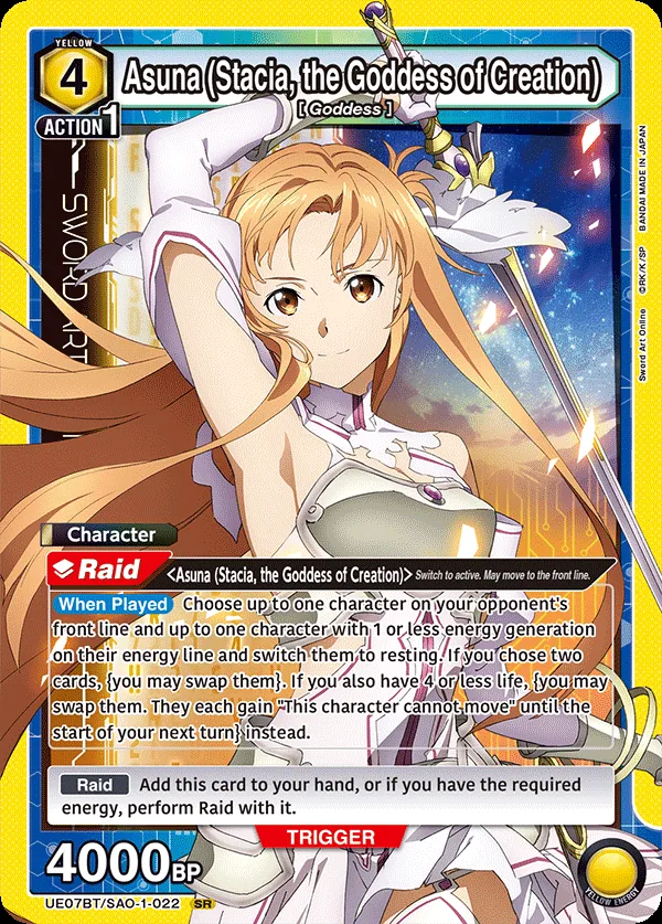 Asuna, Stacia the Goddess of Creation, UE07BT/SAO-1-022, a 4-cost Yellow Raid Character with a flexible dual-target rest ability