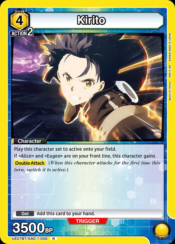 Kirito, UE07BT/SAO-1-002, a 4-cost Yellow Character that enters play set to active and gains Double Attack alongside Alice and Eugeo