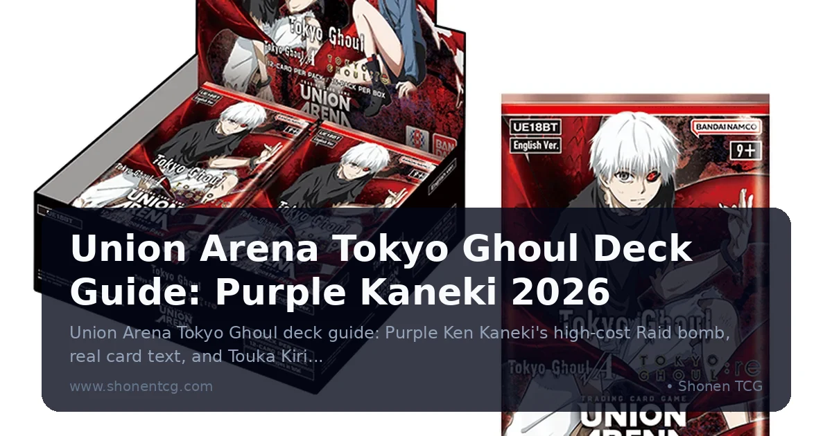 Official Union Arena Tokyo Ghoul UE18BT booster box and pack art featuring Ken Kaneki and Touka Kirishima from Tokyo Ghoul and Tokyo Ghoul:re