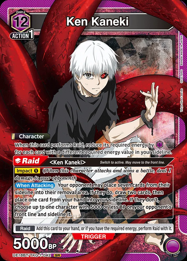 Ken Kaneki, UE18BT/TKG-1-042, a 12-cost Purple Raid Character whose Raid cost scales down with sideline variety