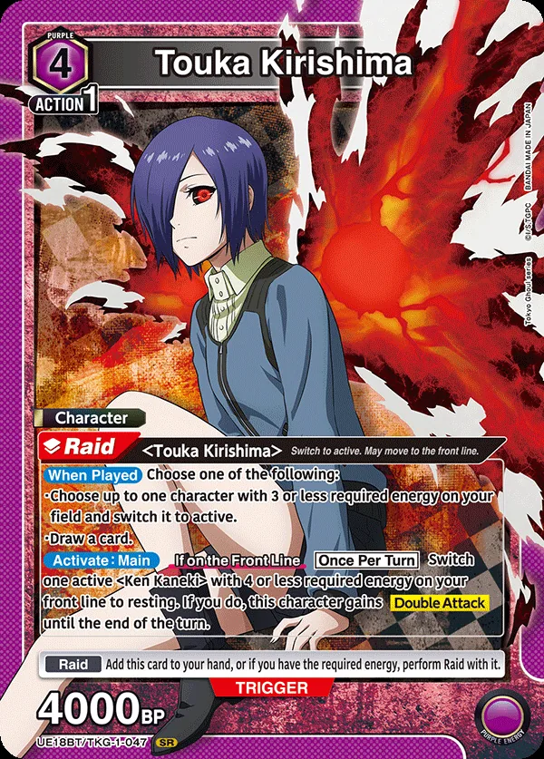 Touka Kirishima, UE18BT/TKG-1-047, a 4-cost Purple Raid Character with a flexible When Played choice and a Kaneki-synergy attack ability